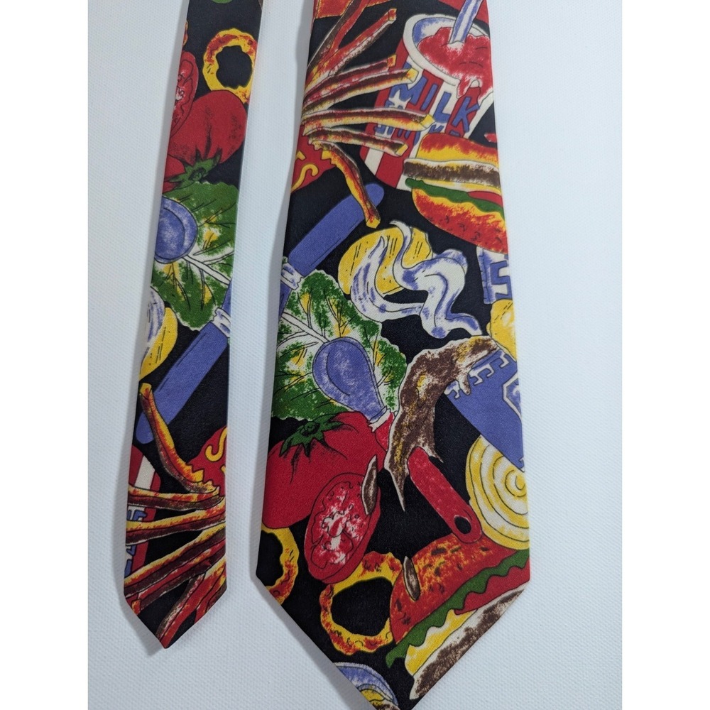 Next Exit  Black Novelty Tie - Multicolor Foods Fruits Milk Fries 100% Polyester